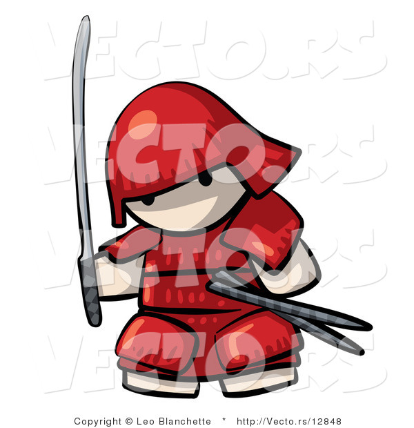 Vector of Cartoon Japanese Warrior Armed with Sword While Wearing Red Armor Outfit
