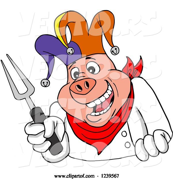Vector of Cartoon Joker Pig Chef Holding a Bbq Fork
