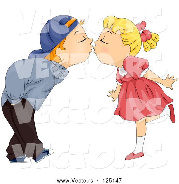 Vector of Cartoon Kid Couple Bending over to Kiss