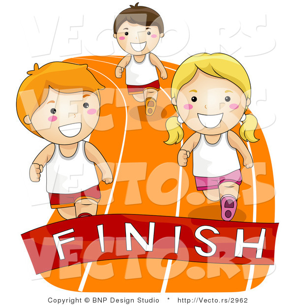 Vector of Cartoon Kids Racing to a Finish Line on a Track