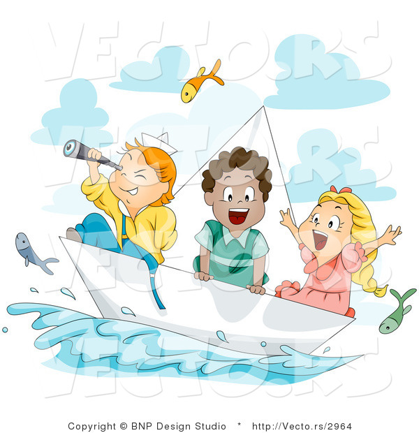 Vector of Cartoon Kids Watching Fish Fly Above Water While Sailing in a Paper Boat