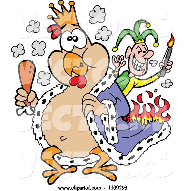 Vector of Cartoon King Chicken Carrying a Drumstick and Being Set on Fire by a Joker