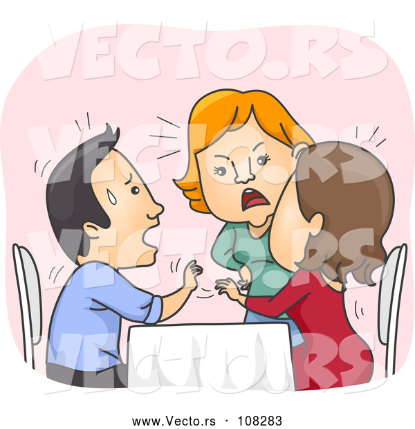 Vector of Cartoon Lady Confronting Her Cheating Boyfriend and Another Lady at a Restaurant