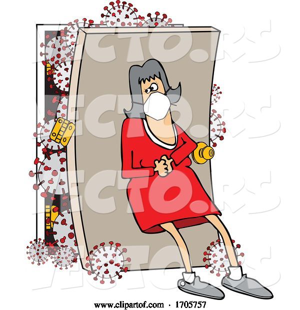 Vector of Cartoon Lady Wearing a Mask and Leaning Back Against a Door with Coronavirus