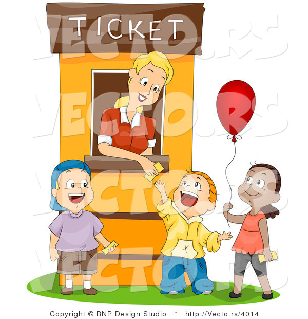 Vector of Cartoon Lady Working at Ticket Booth Assisting 3 Happy Children