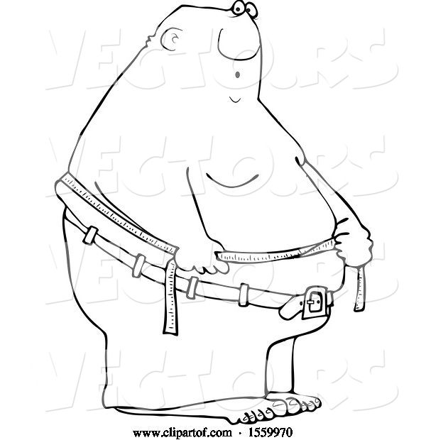 Vector of Cartoon Lineart Black Guy Measuring His Belly Fat