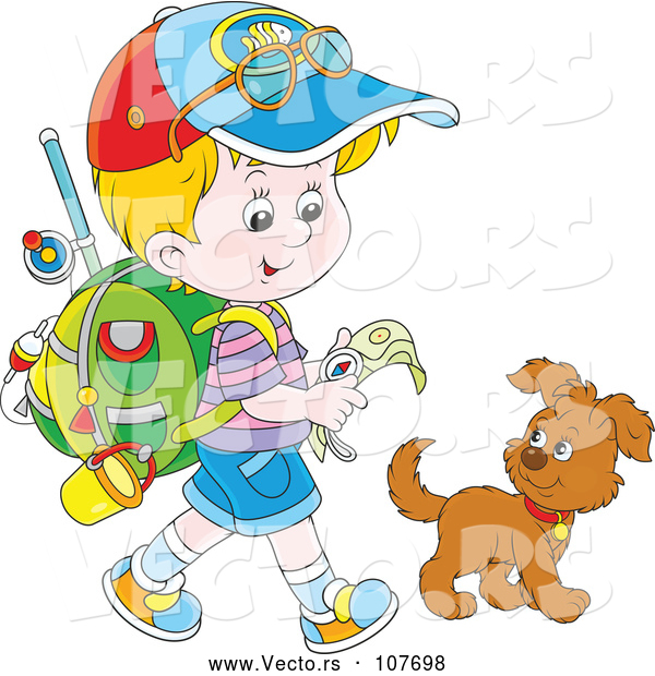 Vector of Cartoon Little Blond White Boy Ready to Go Explore, Walking with a Puppy Dog