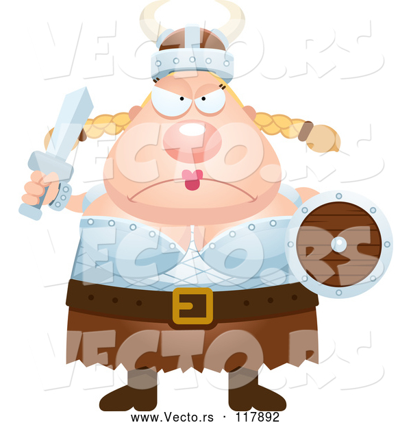 Vector of Cartoon Mad Tough Blond Viking Lady with a Sword and Shield
