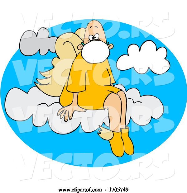 Vector of Cartoon Male Angel Sitting on a Cloud and Wearing a Mask