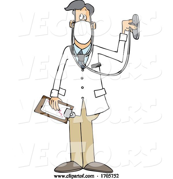 Vector of Cartoon Male Doctor Wearing a Mask and Listening Through a Stethoscope