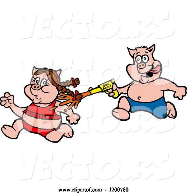 Vector of Cartoon Male Pig Chasing a Female with a Bbq Sauce Squirt Gun