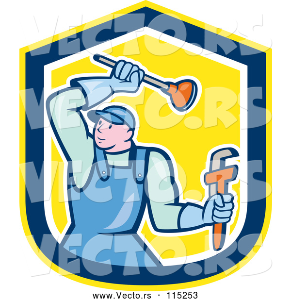 Vector of Cartoon Male Plumber with a Plunger and Monkey Wrench in a Yellow Blue and White Shield