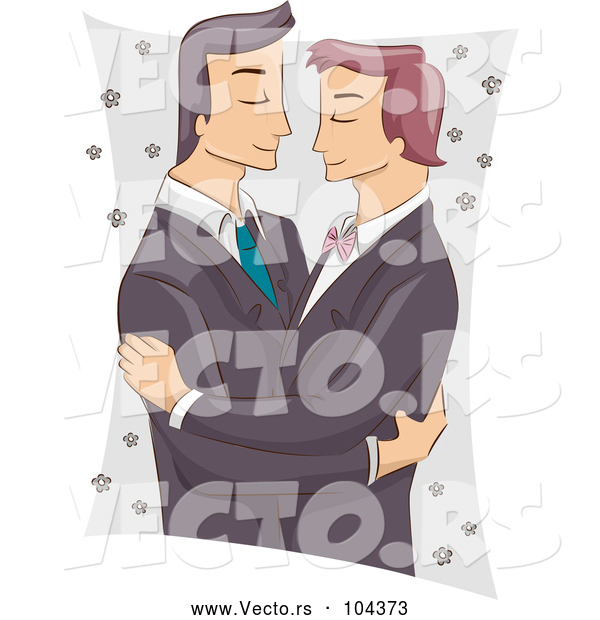 Vector of Cartoon Male Same Sex Couple Embracing at Their Wedding