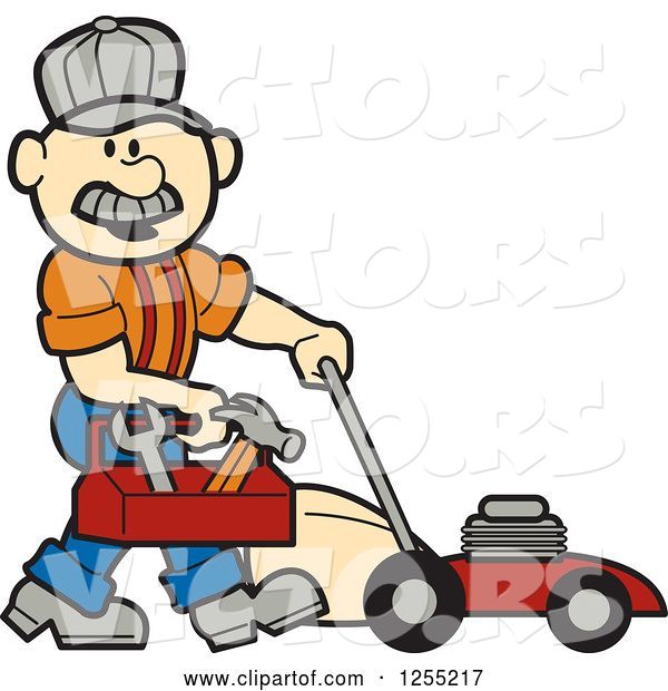 Vector of Cartoon Male White Handyman with a Tool Box and Lawn Mower