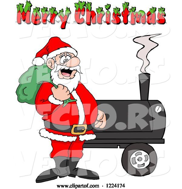 Vector of Cartoon Merry Christmas Greeting over Santa by a Bbq Smoker