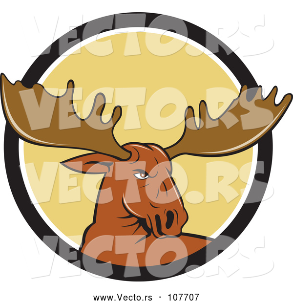 Vector of Cartoon Moose Head Emerging from a Black White and Yellow Circle