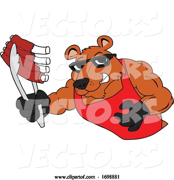 Vector of Cartoon Muscular Bear Holding BBW Ribs with Tongs