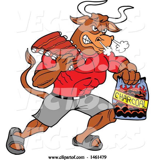 Vector of Cartoon Muscular Bull Carrying Bbq Ribs and Charcoal
