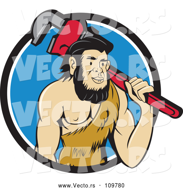 Vector of Cartoon Neanderthal Caveman Plumber Holding a Monkey Wrench over His Shoulder in a Blue and White Circle
