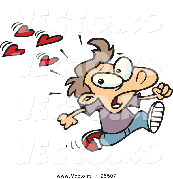 Vector of Cartoon of Love Hearts Trying to Attack a Boy Running Scared
