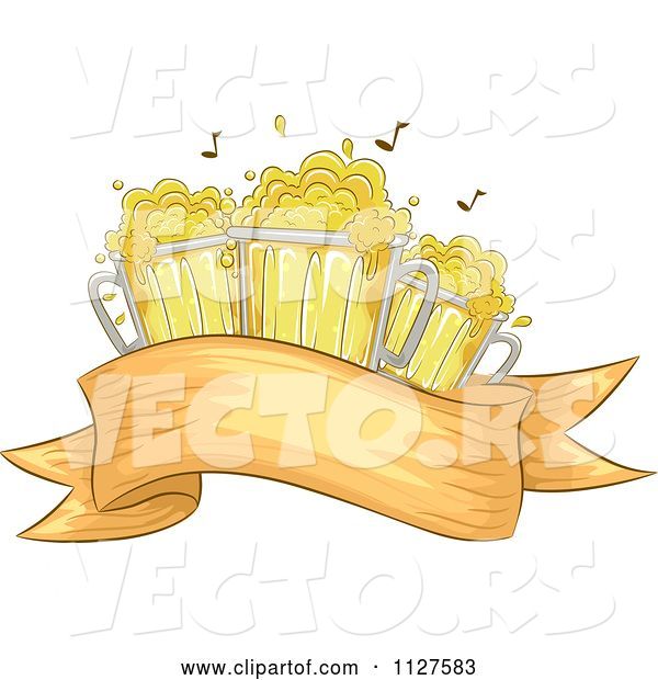 Vector of Cartoon Oktoberfest Mugs of Beer and Music Notes over a Banner