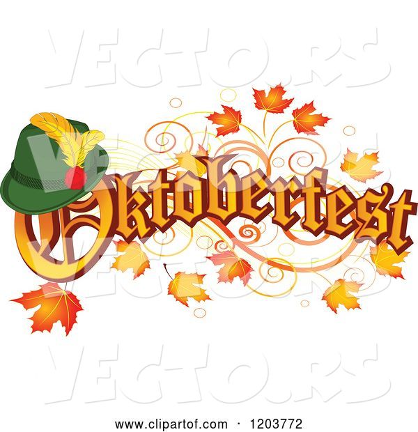 Vector of Cartoon Oktoberfest Text with a German Hat, over Autumn Leaves