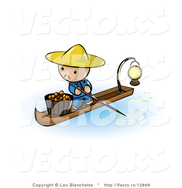 Vector of Cartoon Oriental Guy in a Floating Market Boat with Oranges