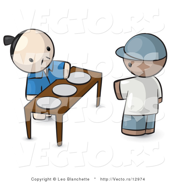 Vector of Cartoon Oriental Guy Serving 3 Plates to a Customer