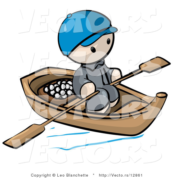 Vector of Cartoon Oriental Guy Transporting Food by Wood Boat with Paddles