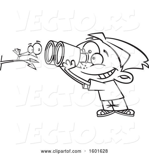 Vector of Cartoon Outline Boy Viewing a Bird up Close with Binoculars