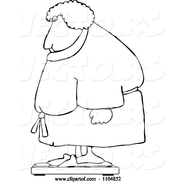 Vector of Cartoon Outlined Chubby Lady in a Robe Standing on a Scale