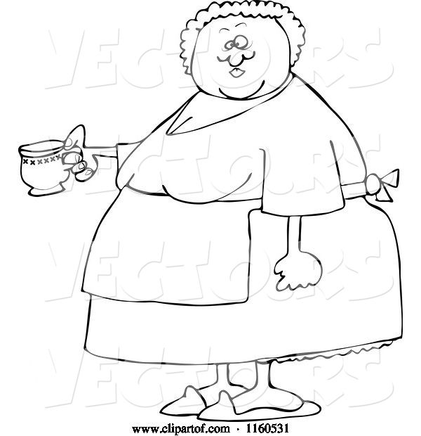Vector of Cartoon Outlined Chubby Lady Wearing an Apron and Holding a Tea Cup