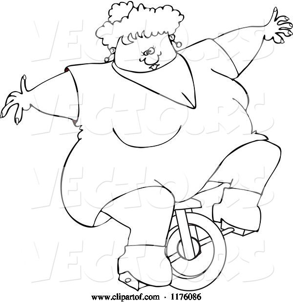 Vector of Cartoon Outlined Circus Freak Fat Lady Riding a Unicycle