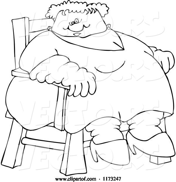 Vector of Cartoon Outlined Circus Freak Fat Lady Sitting in a Chair