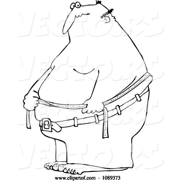 Vector of Cartoon Outlined Fat Guy Measuring His Belly Fat