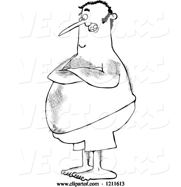 Vector of Cartoon Outlined Hairy Chubby Guy with Folded Arms, Standing in Swim Trunks