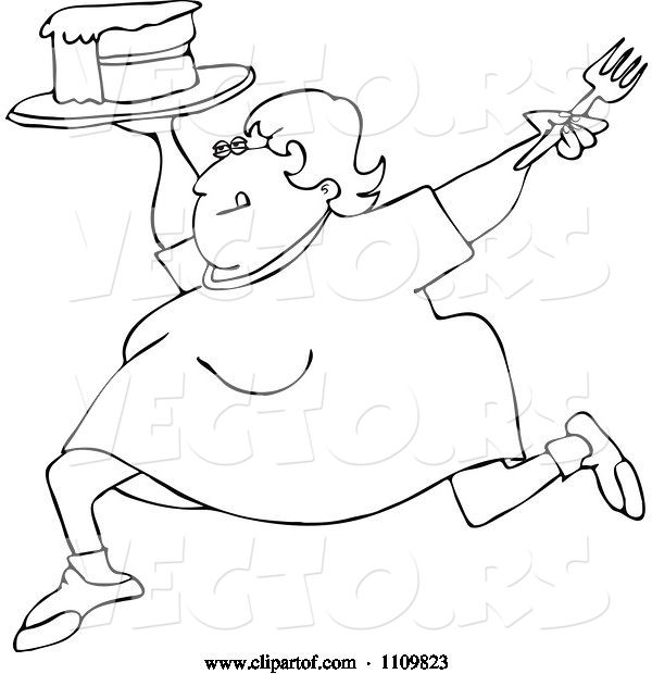 Vector of Cartoon Outlined Happy Fat Lady Running with Cake