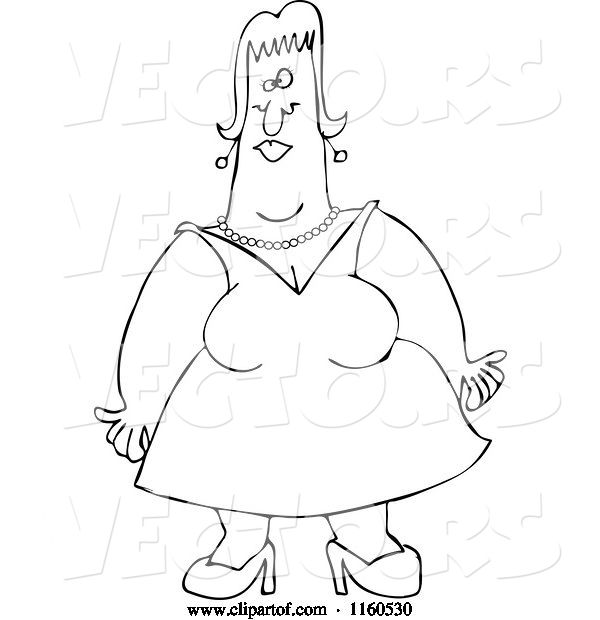 Vector of Cartoon Outlined Lady with Fat Arms, Wearing a Dress