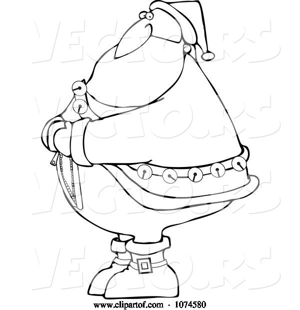 Vector of Cartoon Outlined Santa Trying to Zip up His Suit