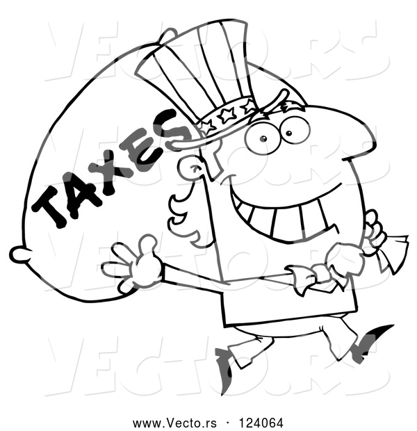 Vector of Cartoon Outlined Uncle Sam Carrying a Taxes Sack