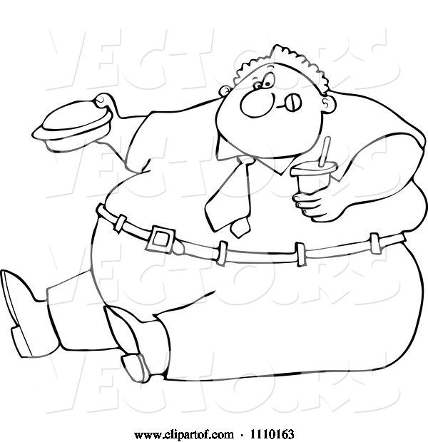 Vector of Cartoon Outlined Unhealthy Obese Guy Eating a Hamburger and Holding a Soda