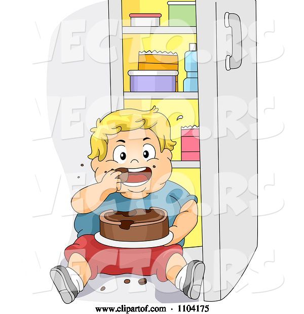 Vector of Cartoon Overweight Blond Boy Eating Cake in Front of a Refrigerator