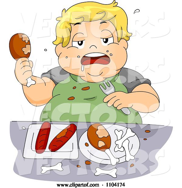 Vector of Cartoon Overweight Blond Boy Eating Chicken and Hot Dogs