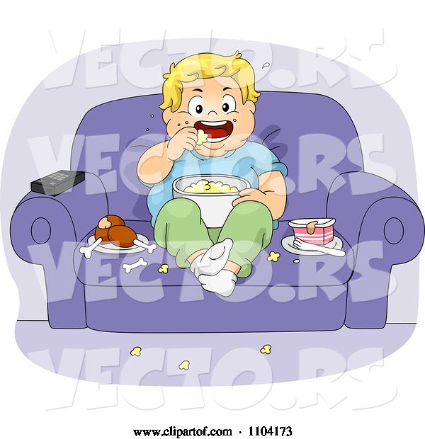 Vector of Cartoon Overweight Boy Eating Jump Food and Watching Tv in a Chair