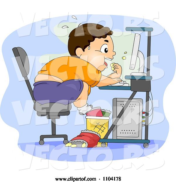 Vector of Cartoon Overweight Brunette Boy Eating Junk Food at His Computer
