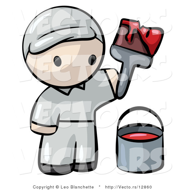 Vector of Cartoon Painter Holding Paintbrush with Bucket and Red Paint