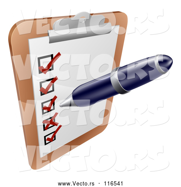 Vector of Cartoon Pen Checking on Items on a Clipboard
