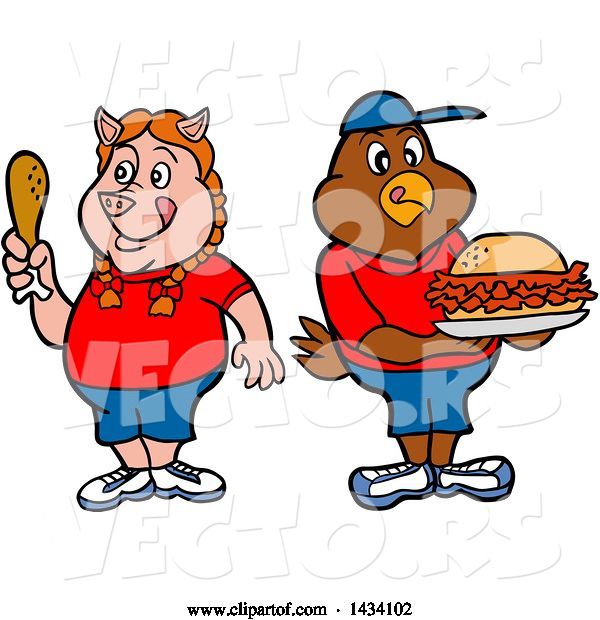 Vector of Cartoon Pig Girl Holding a Drumstick and Chicken Boy with a Pulled Pork Sandwich