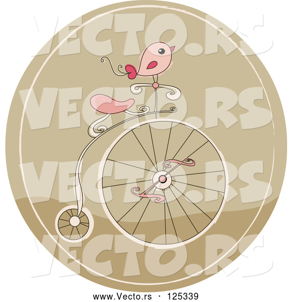 Vector of Cartoon Pink Bird on a Retro Penny Farthing Bicycle in a Brown Circle