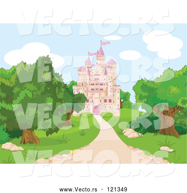 Vector of Cartoon Pink Fairy Tale Castle and Grounds